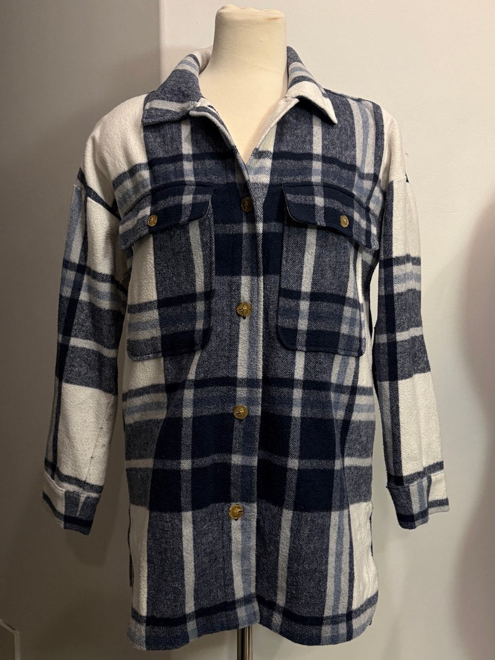 Banana Republic Navy White Plaid Oversized Shacket Shirt Jacket S - Picture 2 of 10